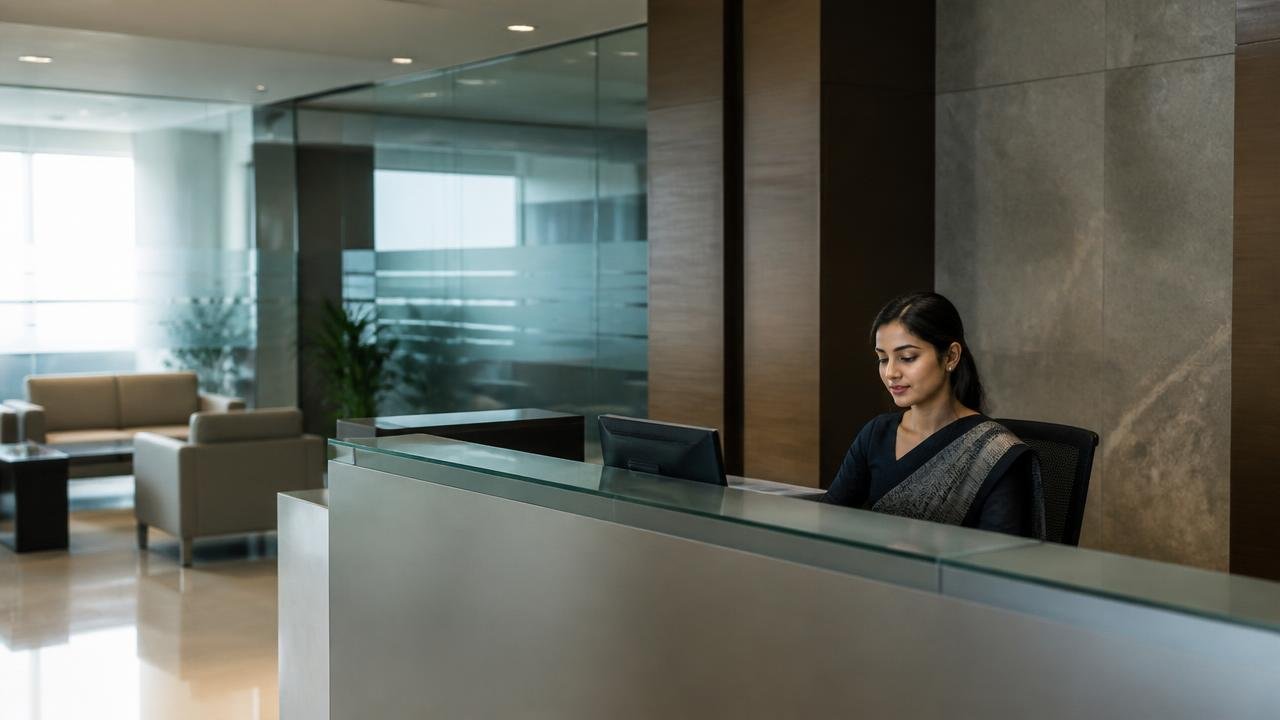 Professional receptionist at a modern office front desk