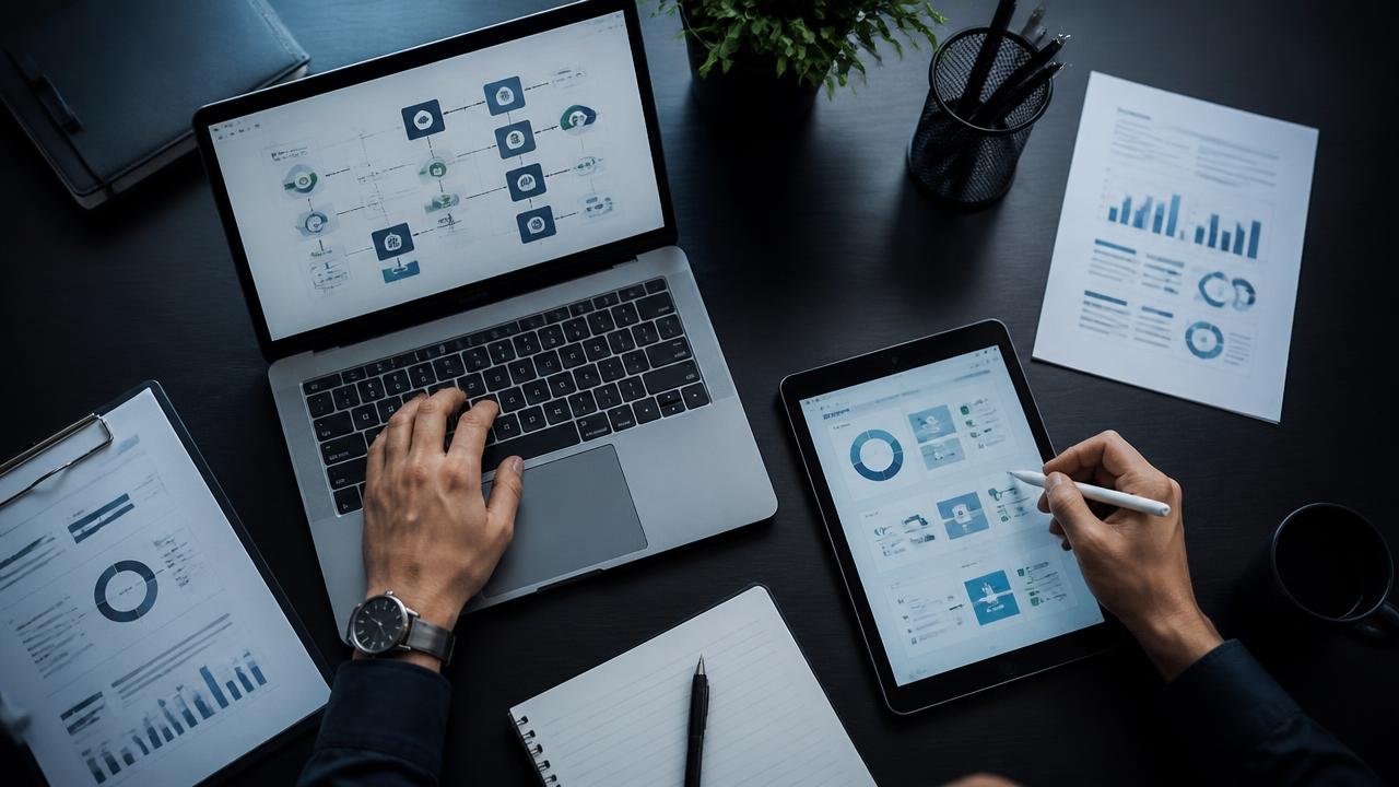 Business workflow managed across connected digital tools
